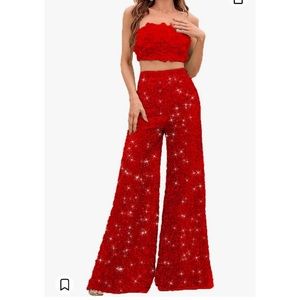 Two Piece Set Red 3D Flower Tube Top with Sequin Flare Pants (NOYIVA)